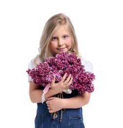 Photo of Little girl with bouquet of lilac flowers on white background