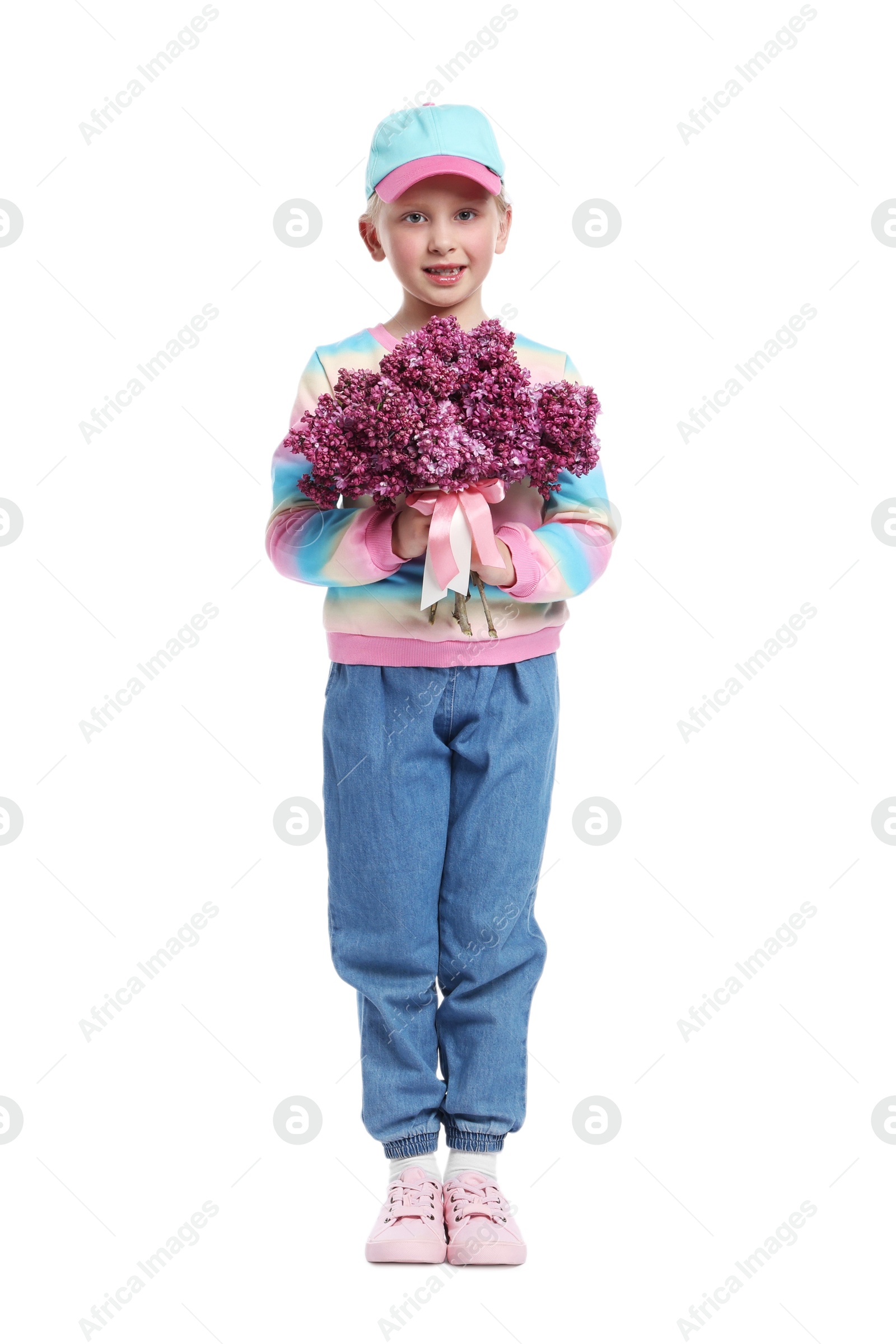 Little girl with bouquet of lilac flowers on white background Photo of Little girl with bouquet of lilac flowers on white background
