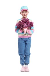 Photo of Little girl with bouquet of lilac flowers on white background