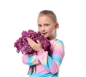 Photo of Little girl with bouquet of lilac flowers on white background