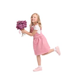 Photo of Little girl with bouquet of lilac flowers on white background