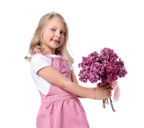 Photo of Little girl with bouquet of lilac flowers on white background