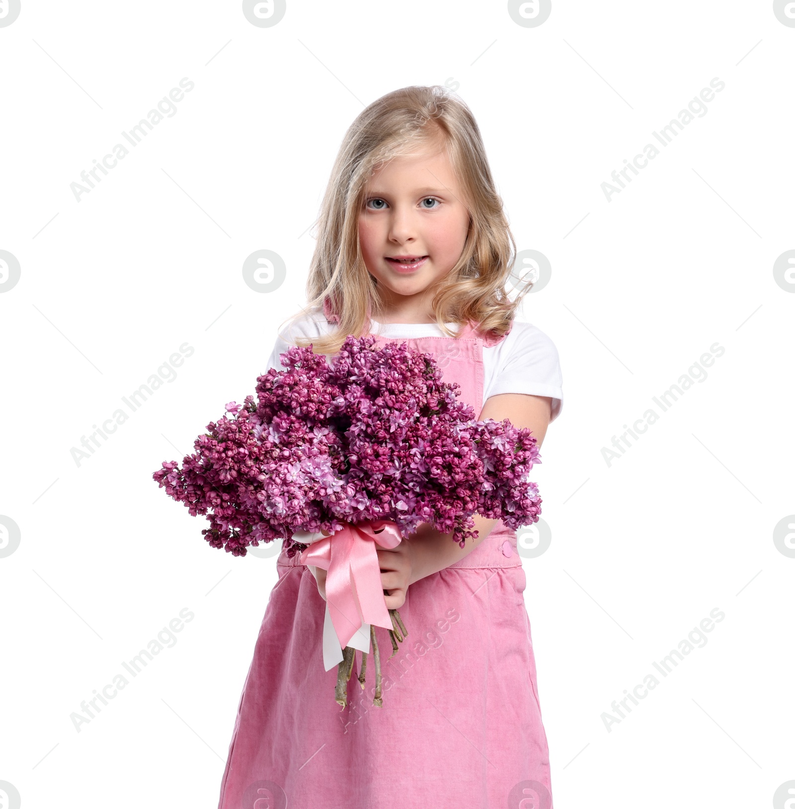Little girl with bouquet of lilac flowers on white background Photo of Little girl with bouquet of lilac flowers on white background