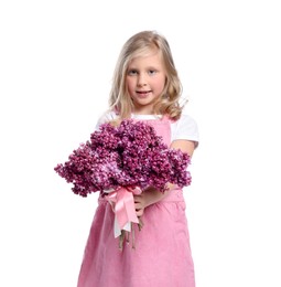 Photo of Little girl with bouquet of lilac flowers on white background