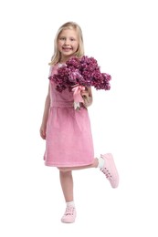 Photo of Little girl with bouquet of lilac flowers on white background