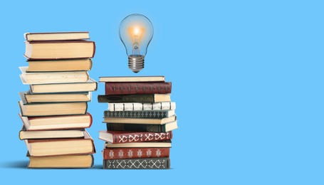 Image of Idea and knowledge. Light bulb in air over books on light blue background, space for text. Banner design