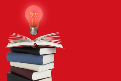 Image of Idea and knowledge. Light bulb in air over stack of books on red background, space for text
