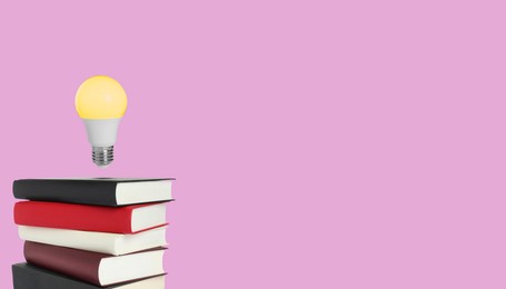 Image of Idea and knowledge. Light bulb in air over stack of books on violet background, space for text. Banner design