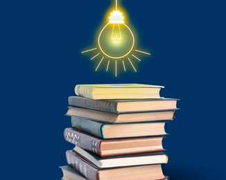 Image of Light bulb illustration over stack of books on blue background. Idea and knowledge