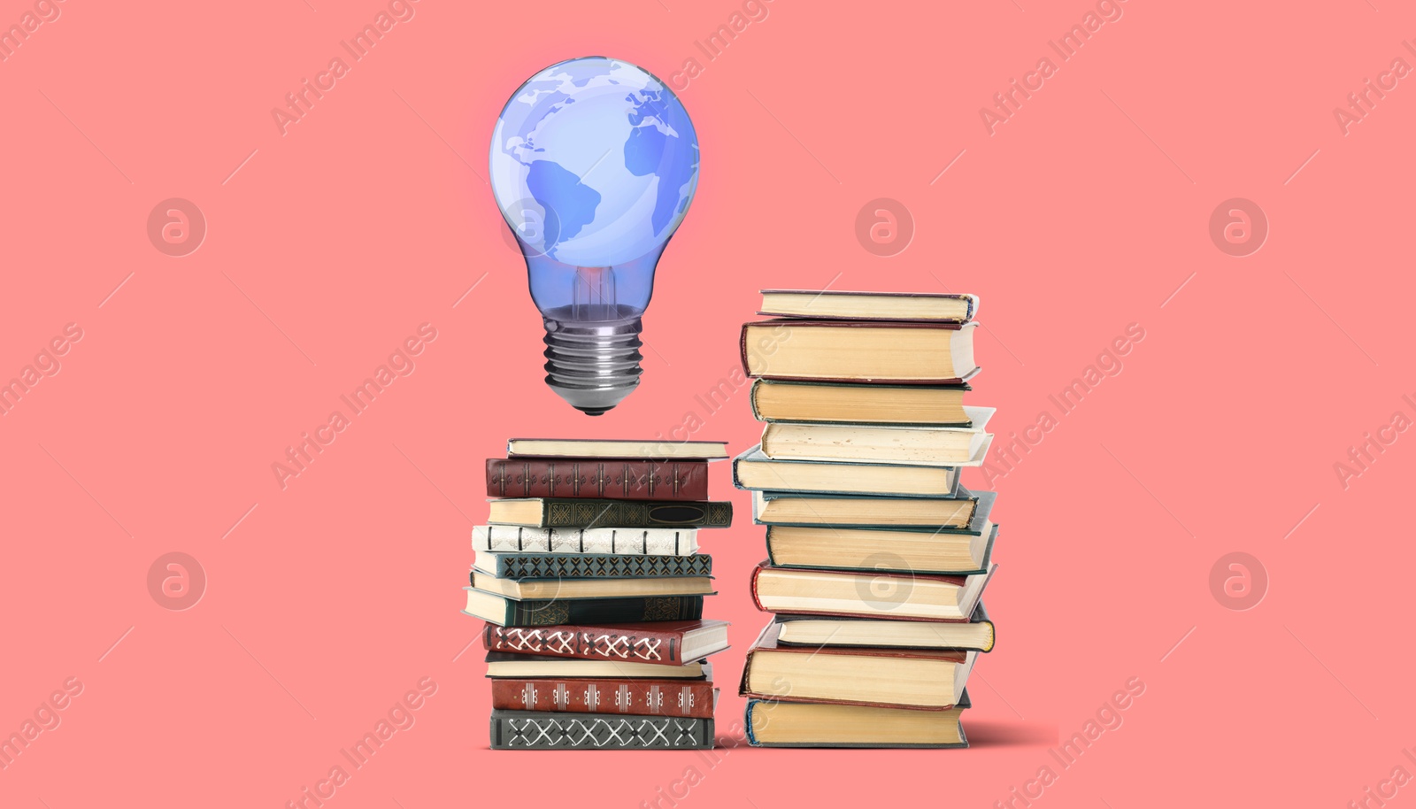 Idea and knowledge. Light bulb with globe illustration in air over books on pink background. Banner design Image of Idea and knowledge. Light bulb with globe illustration in air over books on pink background. Banner design