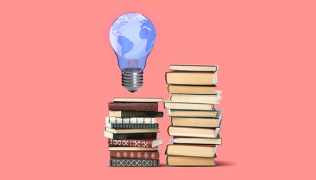 Image of Idea and knowledge. Light bulb with globe illustration in air over books on pink background. Banner design