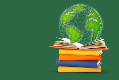 Image of Globe illustration on stack of books on green background, space for text