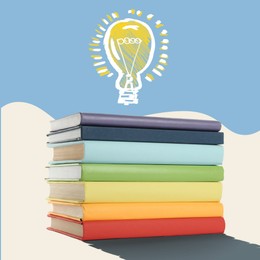 Image of Light bulb illustration and stack of books on color background. Idea and knowledge
