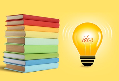 Image of Idea and knowledge. Light bulb illustration and stack of books on yellow background