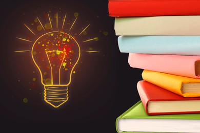 Image of Light bulb illustration, paint splashes and stack of books on dark background. Idea and knowledge