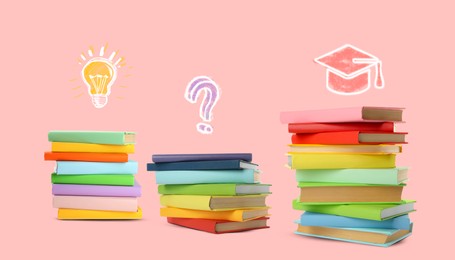 Image of Idea, studying and knowledge. Light bulb, question mark and graduate cap illustrations over stacks of books on pink background, banner
