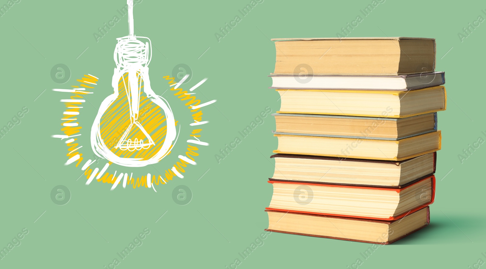 Idea and studying. Light bulb illustration and stack of books on olive background, banner Image of Idea and studying. Light bulb illustration and stack of books on olive background, banner