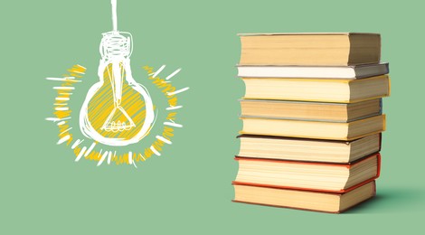 Image of Idea and studying. Light bulb illustration and stack of books on olive background, banner