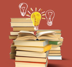 Image of Idea and studying. Light bulb illustrations and books on brown background