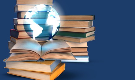 Image of Globe illustration and books on blue background, banner