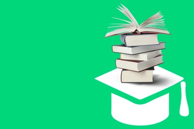 Image of Graduate cap illustration and stack of books on green background, space for text