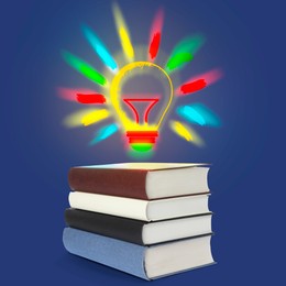 Image of Light bulb illustration over stack of books on blue background. Idea and knowledge