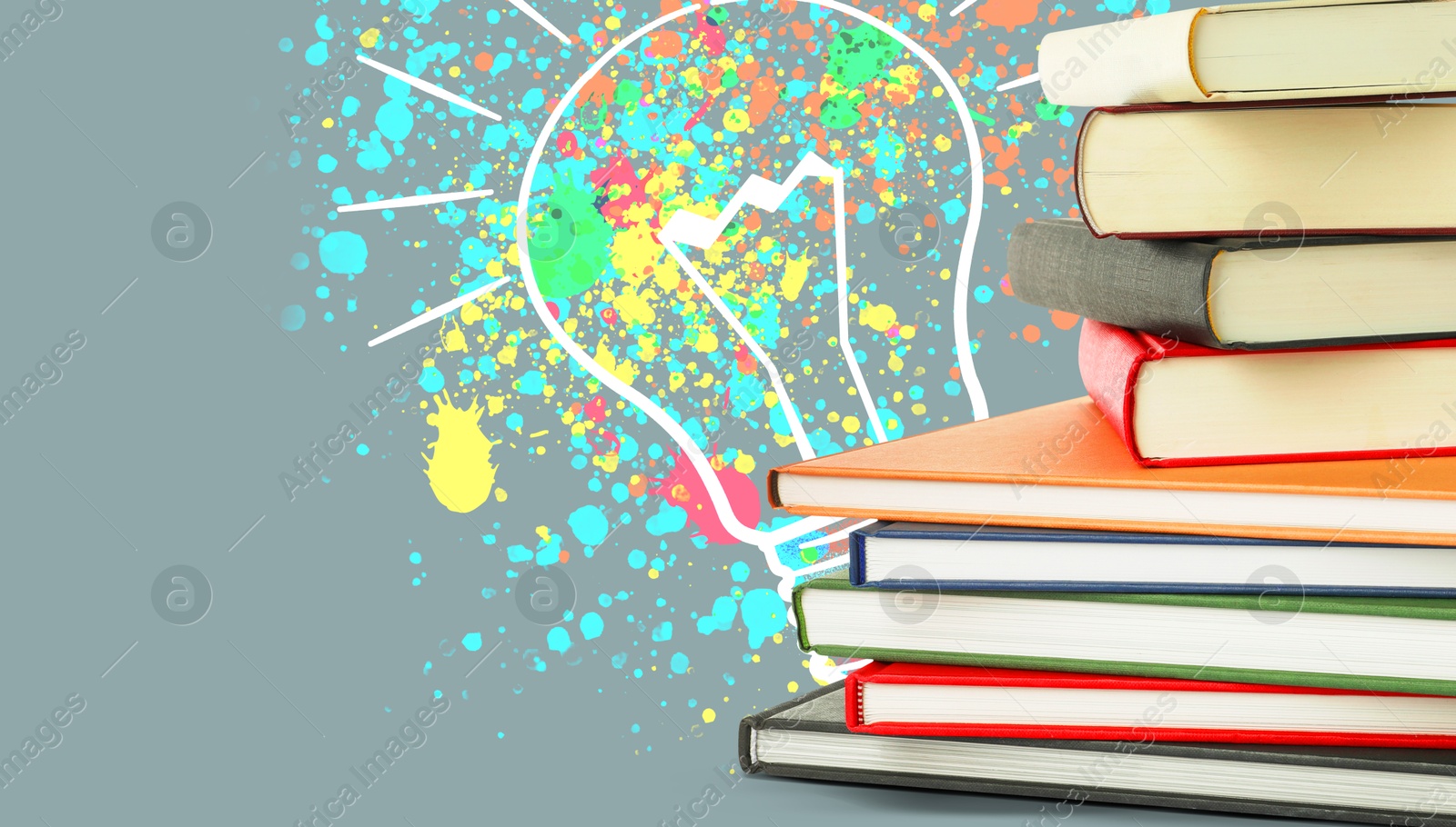 Light bulb illustration with paint splashes and stack of books on grey background, banner. Idea and knowledge Image of Light bulb illustration with paint splashes and stack of books on grey background, banner. Idea and knowledge
