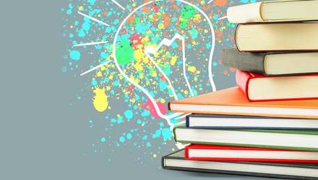Image of Light bulb illustration with paint splashes and stack of books on grey background, banner. Idea and knowledge