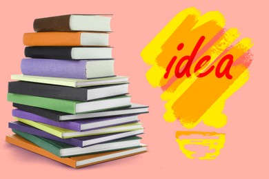 Image of Idea and knowledge. Light bulb illustration and stack of books on pink background