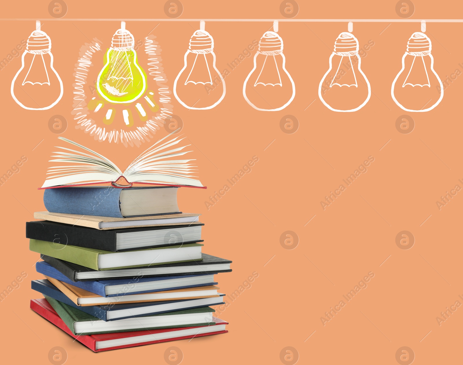 Light bulb illustrations over stack of books on coral background. Idea and knowledge Image of Light bulb illustrations over stack of books on coral background. Idea and knowledge