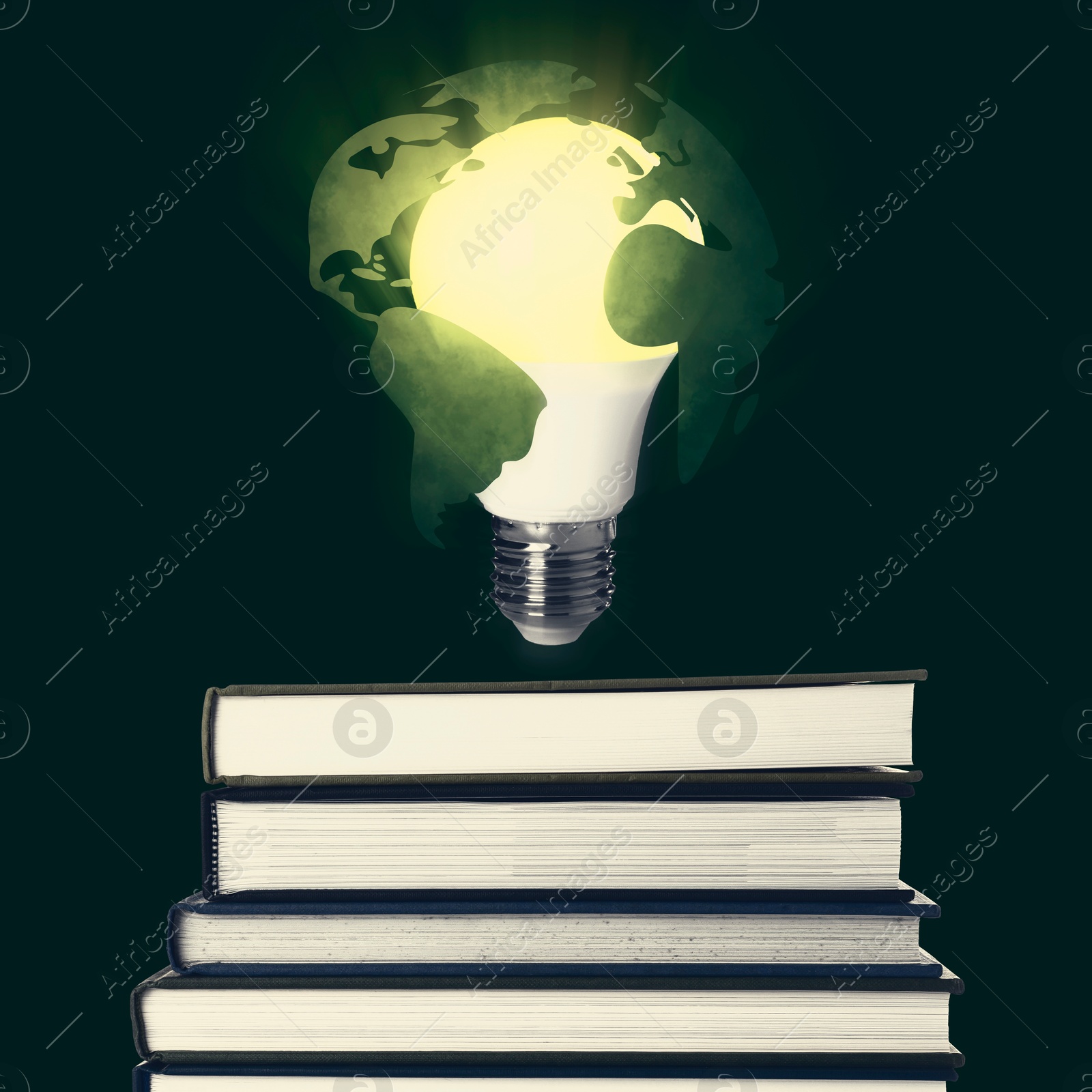 Light bulb with globe illustration in air over stack of books on dark background. Idea and knowledge Image of Light bulb with globe illustration in air over stack of books on dark background. Idea and knowledge