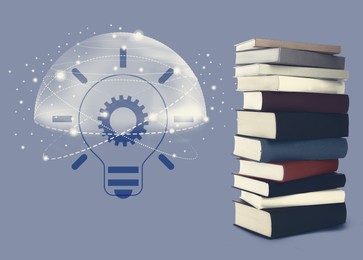 Image of Stack of books and illustrations of light bulb and network connections on color background. Idea and knowledge