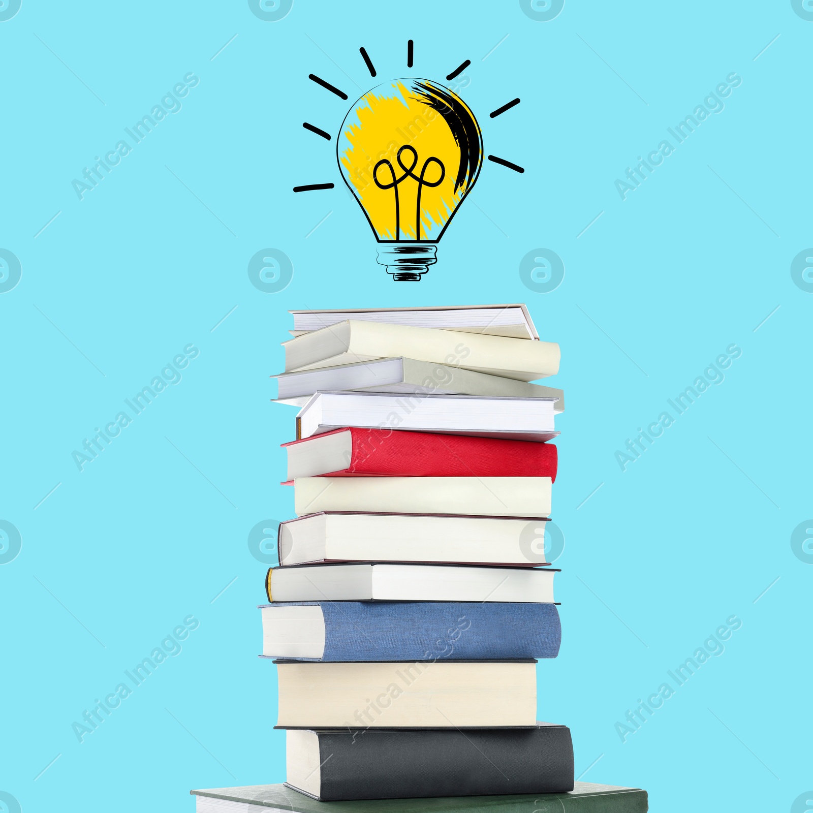Light bulb illustration in air over stack of books on light blue background. Idea and knowledge Image of Light bulb illustration in air over stack of books on light blue background. Idea and knowledge