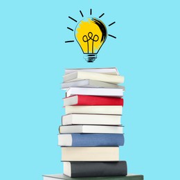 Image of Light bulb illustration in air over stack of books on light blue background. Idea and knowledge