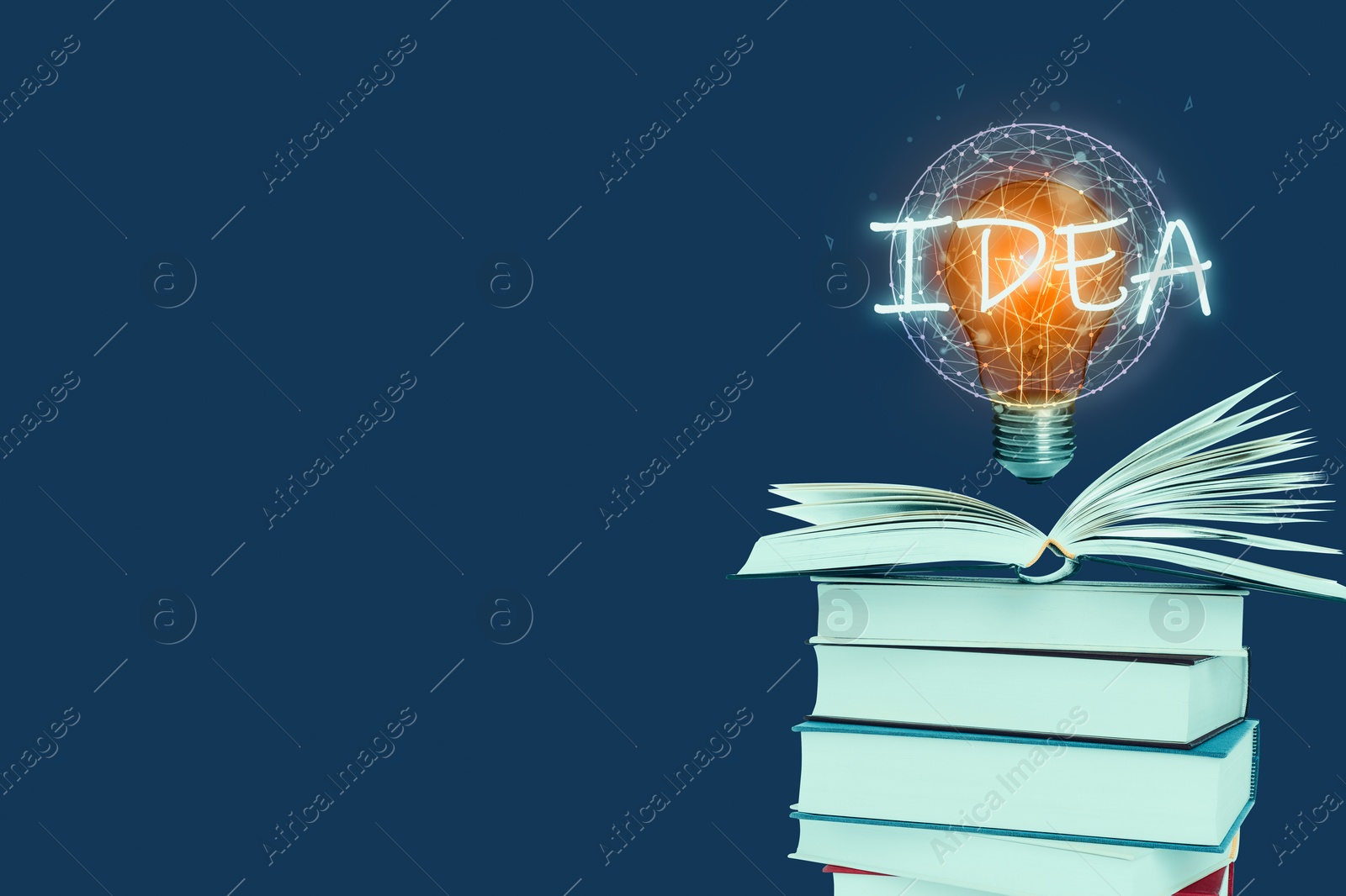 Idea and knowledge. Light bulb over stack of books on blue background, space for text Image of Idea and knowledge. Light bulb over stack of books on blue background, space for text
