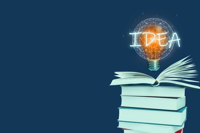 Image of Idea and knowledge. Light bulb over stack of books on blue background, space for text
