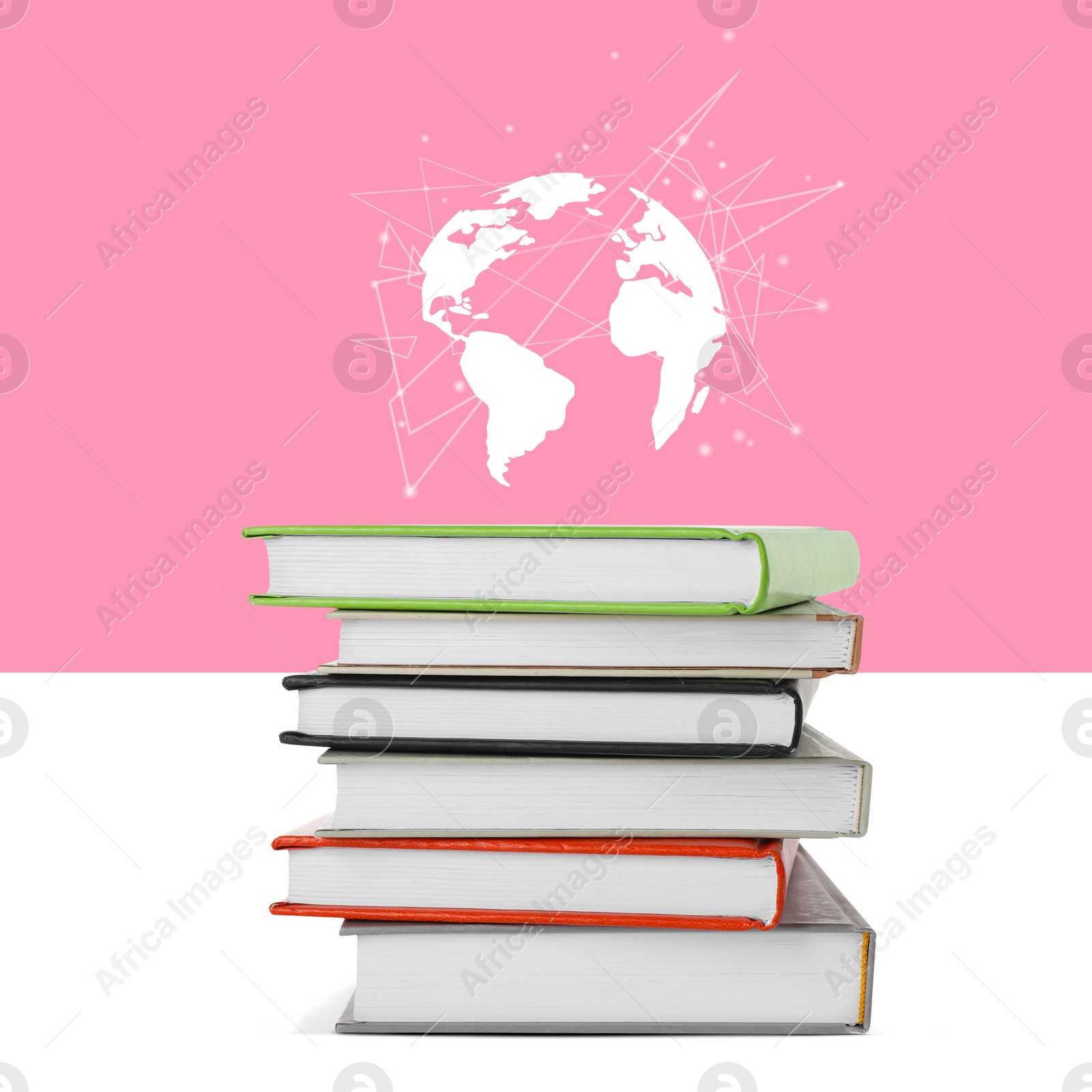 Globe illustration and stack of books on color background Image of Globe illustration and stack of books on color background