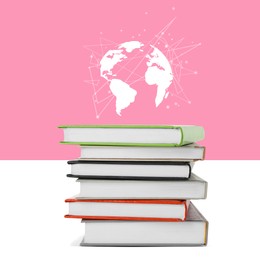 Image of Globe illustration and stack of books on color background