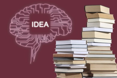 Image of Idea and development. Brain illustration and stacks of books on burgundy background