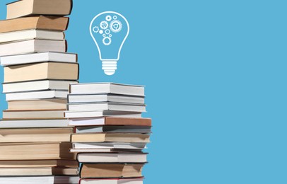 Image of Idea and knowledge. Light bulb with cogwheels illustration over stack of books on light blue background, space for text. Banner design