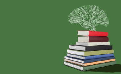 Image of Idea. Brain illustration and stack of books on green background, space for text. Banner design