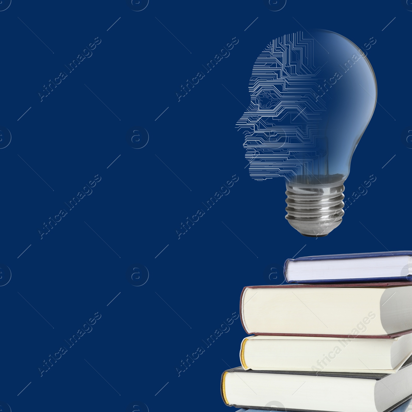 Light bulb with human head illustration and stack of books on blue background, space for text Image of Light bulb with human head illustration and stack of books on blue background, space for text