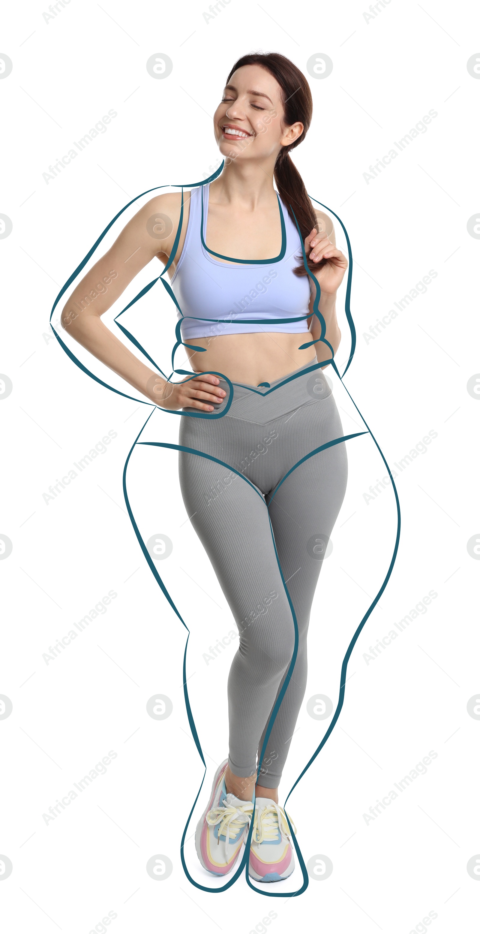 Beautiful woman with fit figure on white background. Lines around her body showing overweight shape before. Healthy lifestyle Image of Beautiful woman with fit figure on white background. Lines around her body showing overweight shape before. Healthy lifestyle