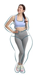 Image of Beautiful woman with fit figure on white background. Lines around her body showing overweight shape before. Healthy lifestyle