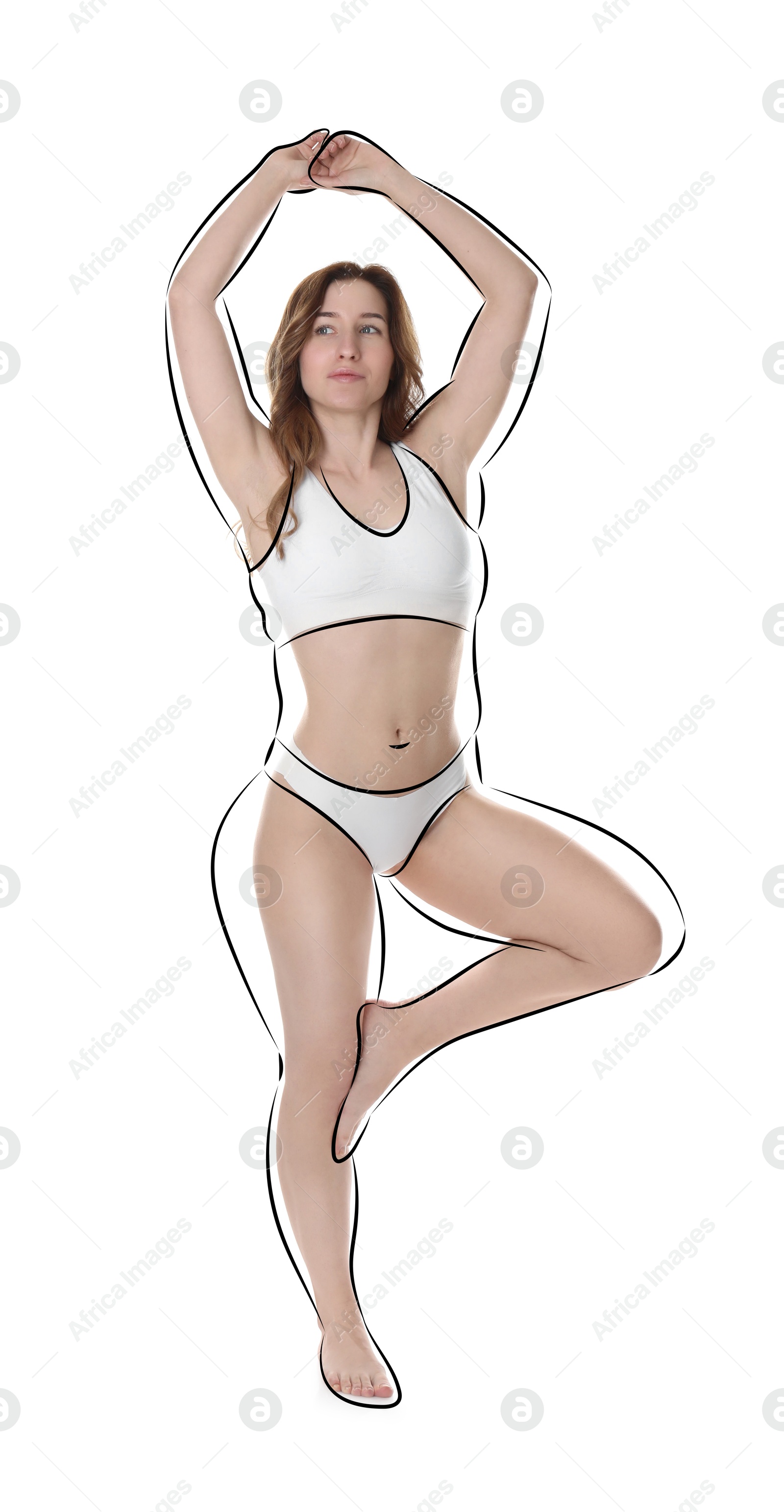 Beautiful woman with fit figure on white background. Lines around her body showing overweight shape before. Healthy lifestyle Image of Beautiful woman with fit figure on white background. Lines around her body showing overweight shape before. Healthy lifestyle