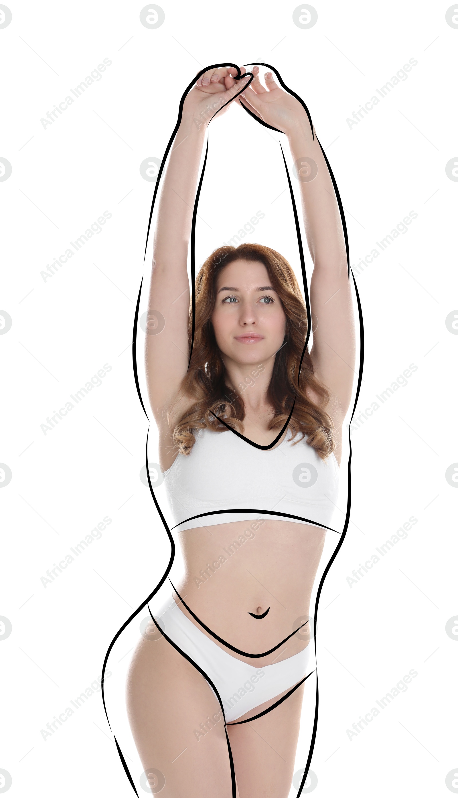 Beautiful woman with fit figure on white background. Lines around her body showing overweight shape before. Healthy lifestyle Image of Beautiful woman with fit figure on white background. Lines around her body showing overweight shape before. Healthy lifestyle