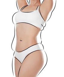 Image of Beautiful woman with fit figure on white background, closeup. Lines around her body showing overweight shape before. Healthy lifestyle