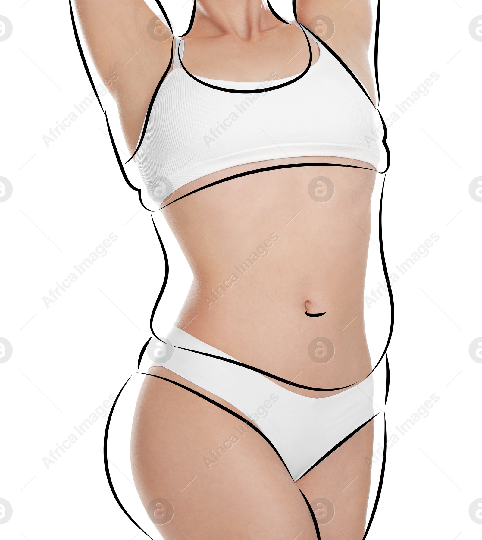 Beautiful woman with fit figure on white background, closeup. Lines around her body showing overweight shape before. Healthy lifestyle Image of Beautiful woman with fit figure on white background, closeup. Lines around her body showing overweight shape before. Healthy lifestyle