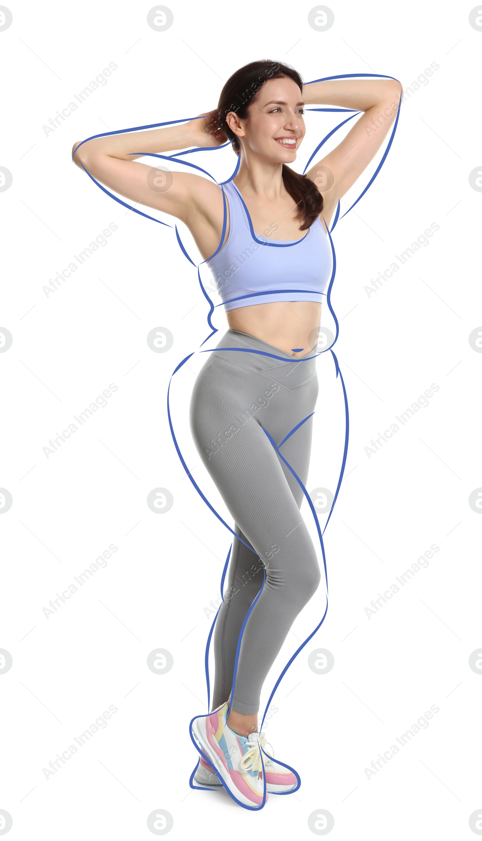 Beautiful woman with fit figure on white background. Lines around her body showing overweight shape before. Healthy lifestyle Image of Beautiful woman with fit figure on white background. Lines around her body showing overweight shape before. Healthy lifestyle