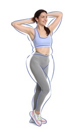 Image of Beautiful woman with fit figure on white background. Lines around her body showing overweight shape before. Healthy lifestyle